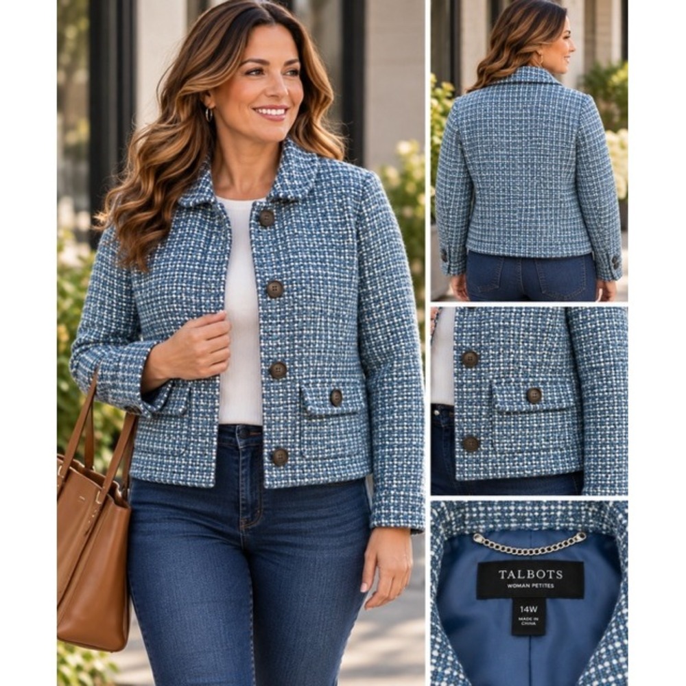 Talbots Woman Petites Blue Tweed Wool Blend Button Front Jacket Size 14W Petite